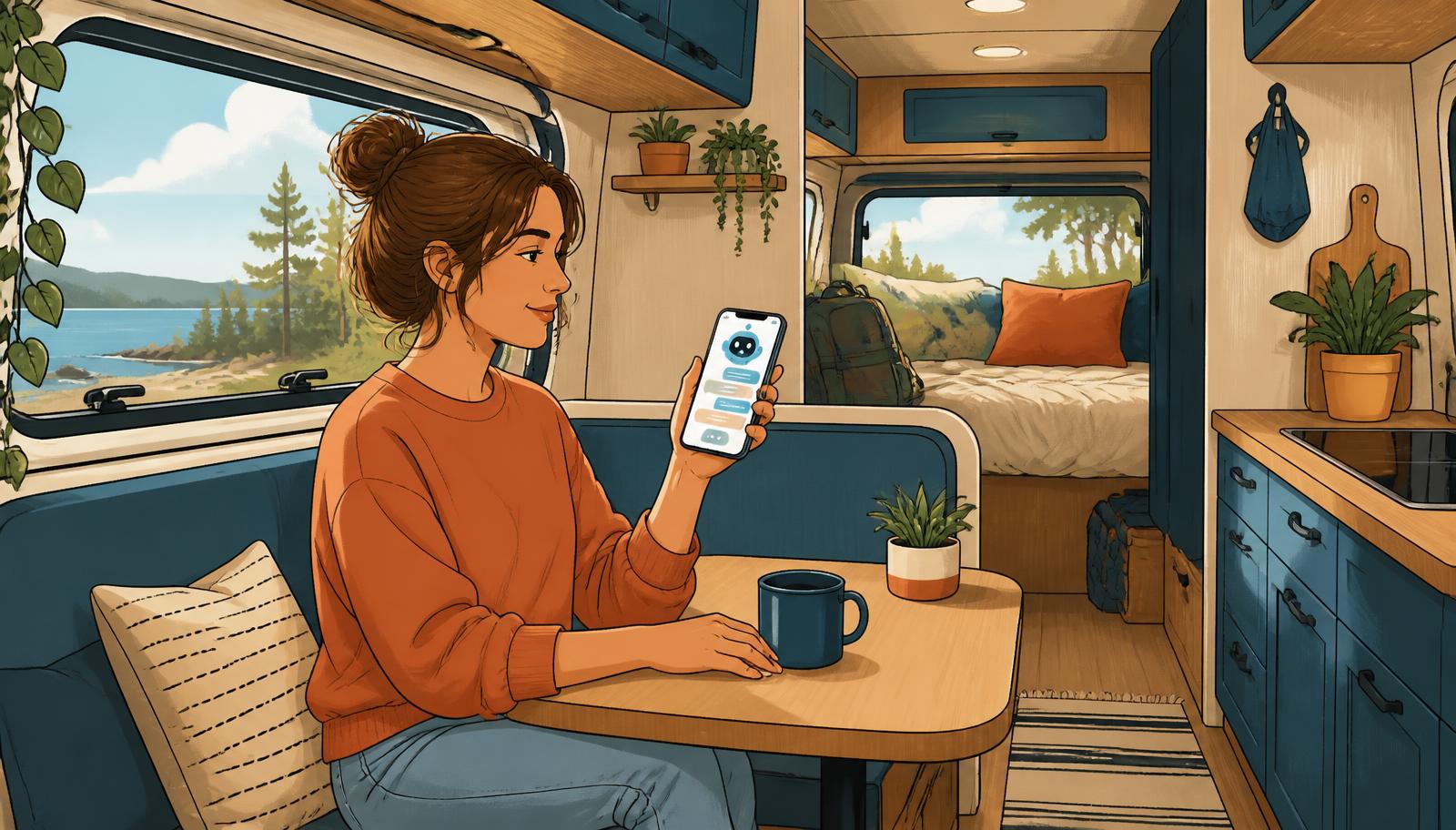Illustration: Mieter im Wohnmobil stellt per Smartphone eine Frage an den KI-Assistenten, QR-Codes an Kühlschrank und Bedienpanel