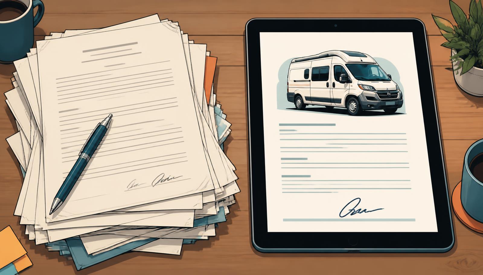 Illustration: Papierstapel auf der einen Seite, Tablet mit digitaler Suche und QR-Code auf der anderen